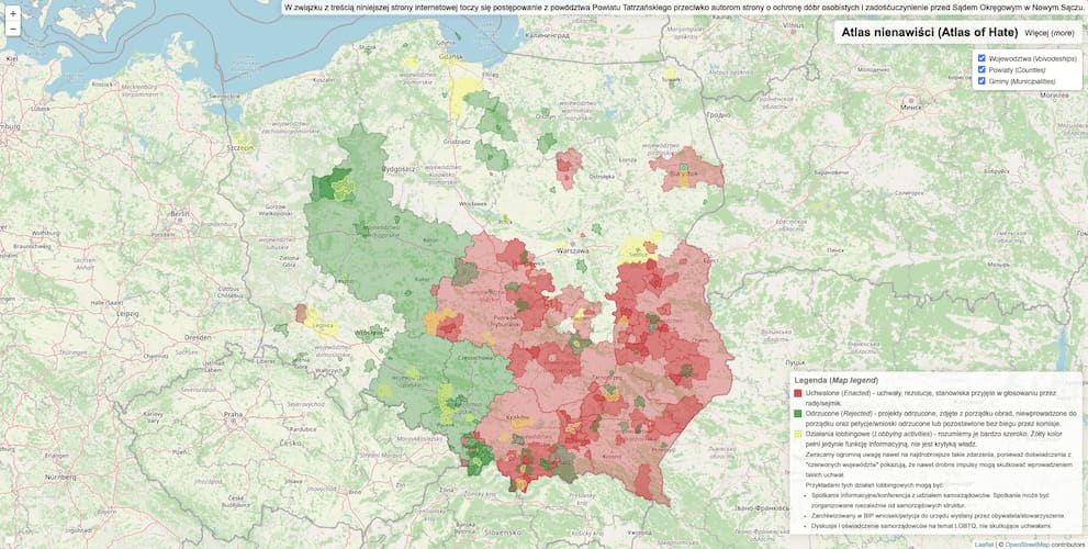 Map of Poland from the “Atlas of Hate”, marking regions with adopted, rejected or debated anti-LGBTQ resolutions in red, green and yellow