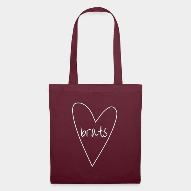 Burgundy tote bag with a hand-drawn heart and the word “brats” in white