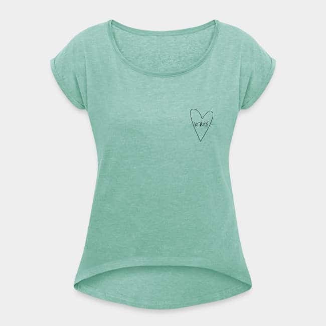 Mint green T-shirt with a small hand-drawn heart and the word “brats” on the chest