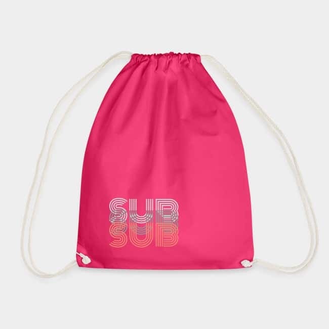 Pink drawstring bag printed with “SUB” three times in layered white and orange retro lettering