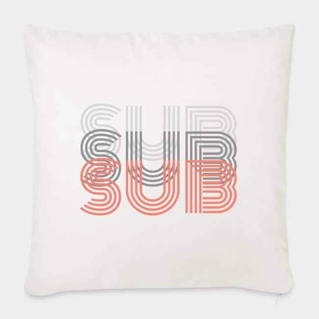 Cream cushion printed with “SUB” three times in layered grey and coral retro lettering