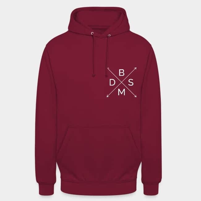 Burgundy hoodie with the letters B, D, S and M set in a white arrow cross on the chest