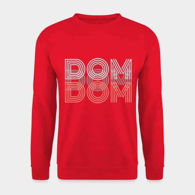 Red sweatshirt printed with “DOM” in white and pink retro lettering
