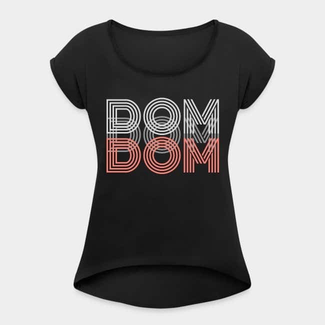 Black T-shirt printed with “DOM” in white and red retro lettering