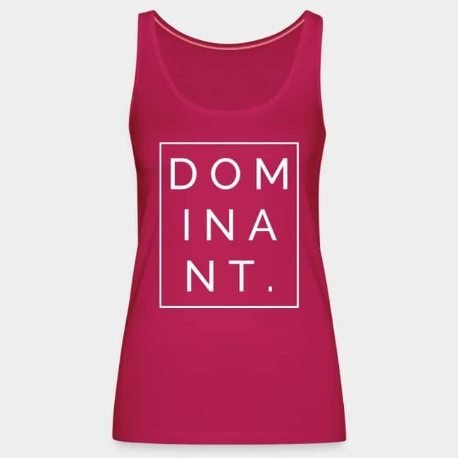 Berry-coloured tank top with the word “DOMINANT.” inside a white frame