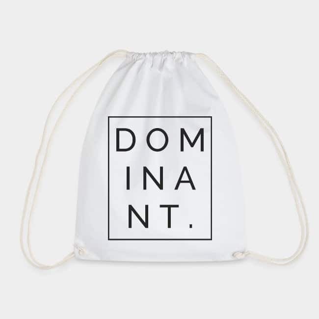 White drawstring bag with the word “DOMINANT.” inside a black frame