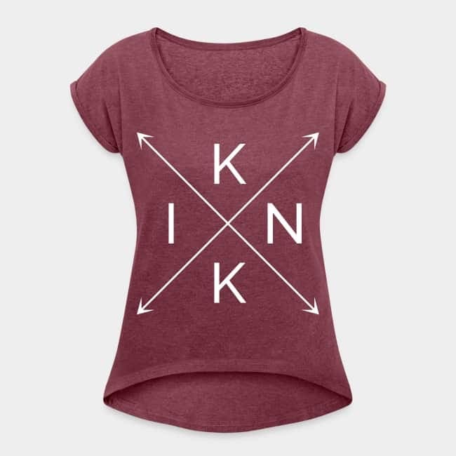 Heather burgundy T-shirt with the letters K, I, N and K set in a white arrow cross