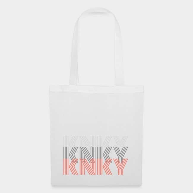 White tote bag printed with “KNKY” in grey and coral retro lettering