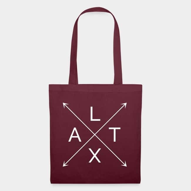 Burgundy tote bag with the letters L, A, T and X set in a white arrow cross