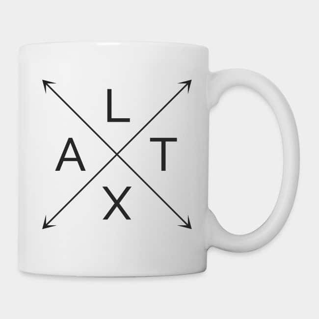 White mug with the letters L, A, T and X set in a black arrow cross