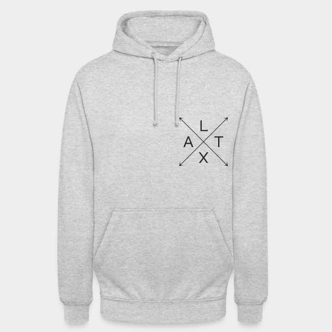 Heather grey hoodie with a small chest print: the letters L, A, T and X in a black arrow cross