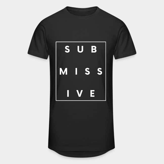 Black long-cut T-shirt with the word “SUBMISSIVE” inside a white frame