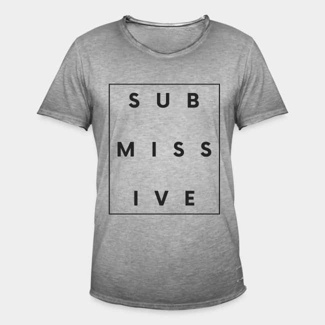 Heather grey T-shirt with the word “SUBMISSIVE” inside a black frame