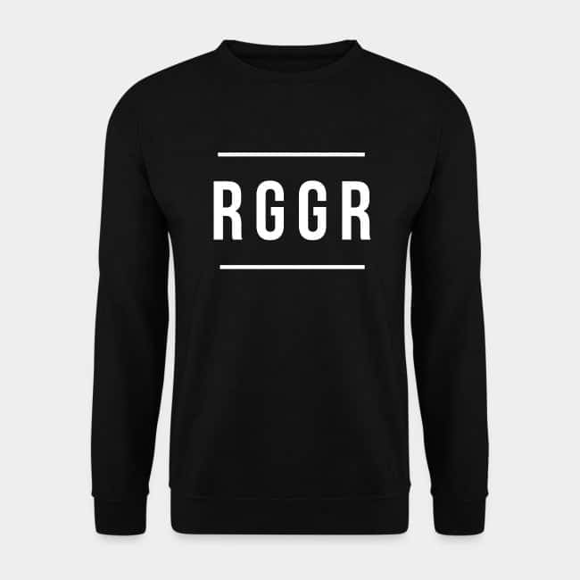 Black sweatshirt printed with “RGGR” in white capitals between two rules