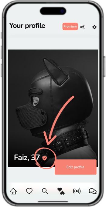 Smartphone mockup of a Deviance profile with an arrow pointing to the verification badge next to the name