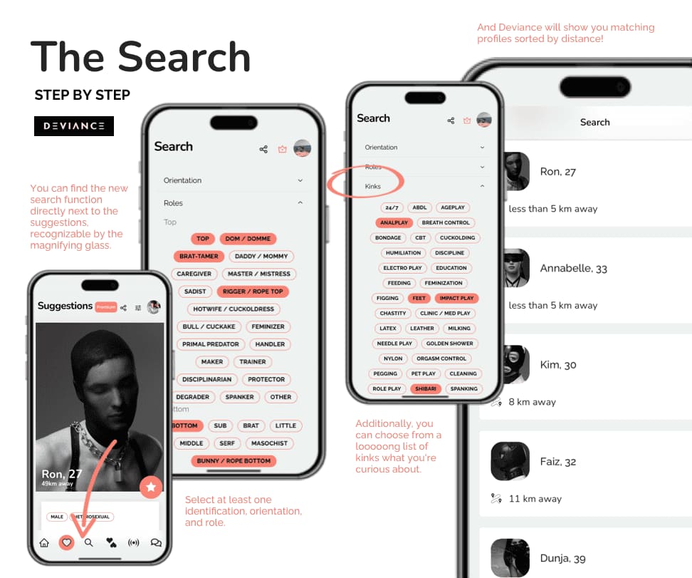 Step-by-step explanation of Deviance Search: tap the magnifying glass next to Suggestions, pick an identification, orientation and role, filter kinks from a long list, and get matching profiles sorted by distance