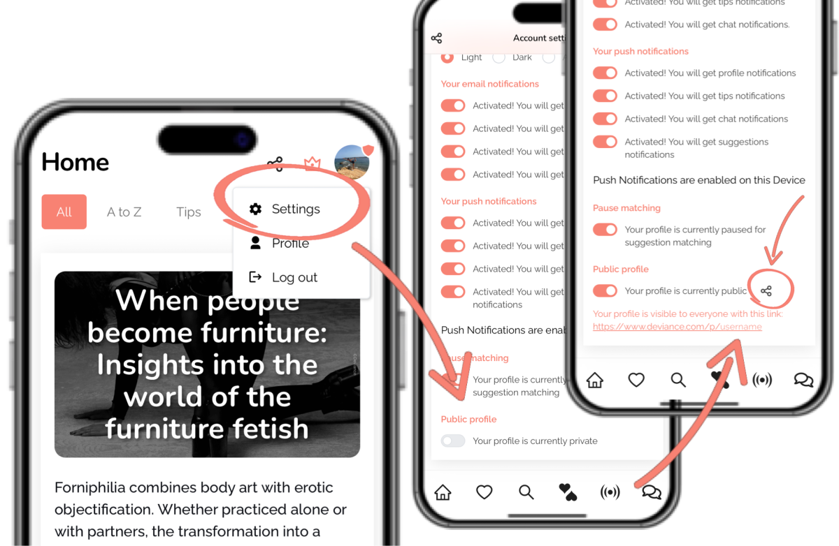 Three-step walkthrough in the Deviance app: open Settings from the menu, scroll to the “Public profile” section and switch it on to share the profile at deviance.com/p/username