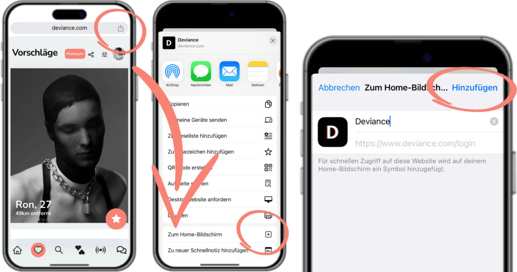 Mockup-Anleitung zur Installation der Deviance App auf dem Homebildschirm eines Smartphones.