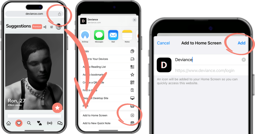 Mockup guide for installing the Deviance app on your smartphone's home screen.